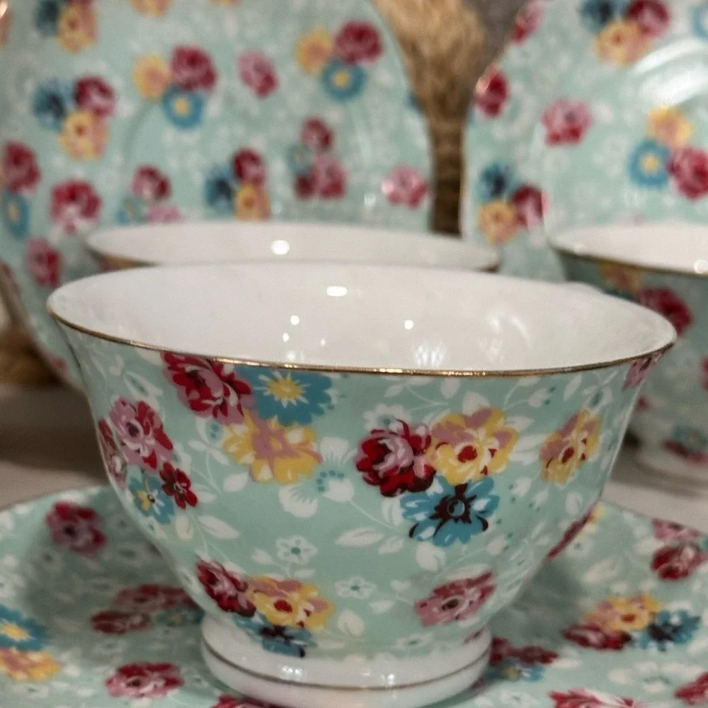 Grace Floral China Teacup and Saucer Set - Blue and Multicolor (4)